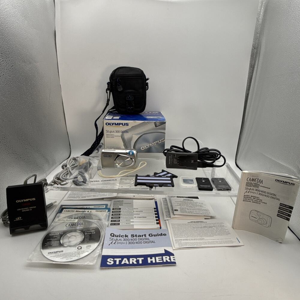 Boxed Olympus Stylus 300 3.2 megapixel Digital Camera w Memory Cards/Reader Cord